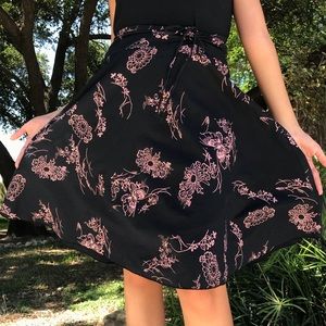 Papaya | Black A-Line Skirt with Flower Pattern